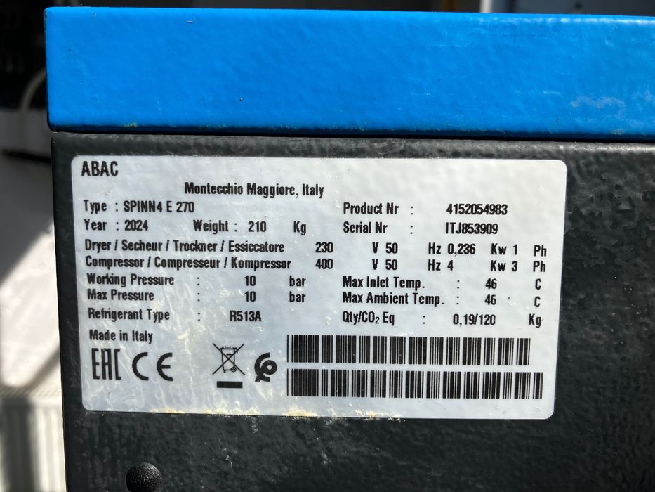 Compresor Șurub ABAC Spinn 4, cu uscator de aer integrat 270L, An 2024, Doar 134 Ore de Funcționare