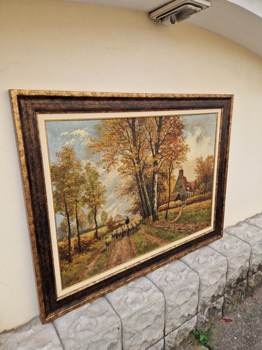 Уникална голяма антикварна белгийска картина масло върху платно