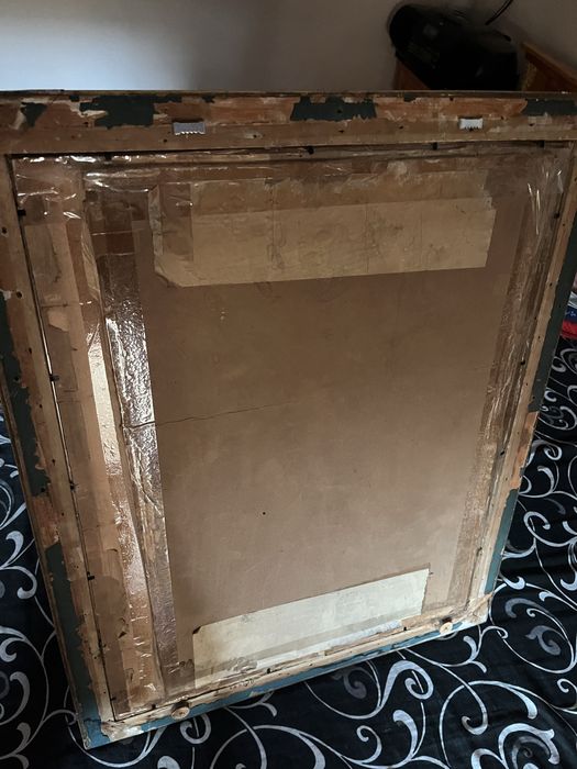 Антикварна картина на жена в бална синя рокля с ветрило в рамка стъкло