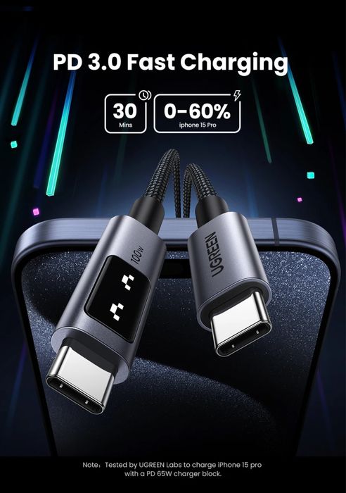 UGREEN UNO PD100W Кабель USB C Fast Charge  iPhone 17,16,15  2metr