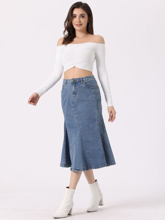 Fustă damă denim midi talie înaltă albastru deschis M*