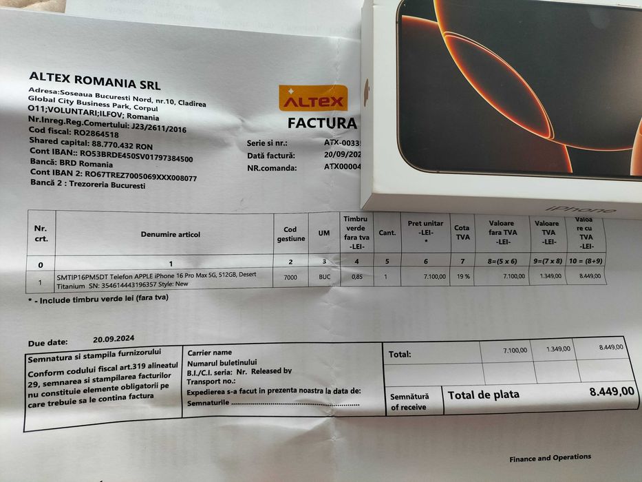 IPHONE 16 PROMAX DESERT Titanium, 512gb, garantie si fact reala ALTEX