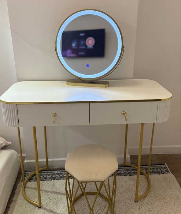 Set masa de toaleta, cu oglinda iluminare led cu control touch, alb