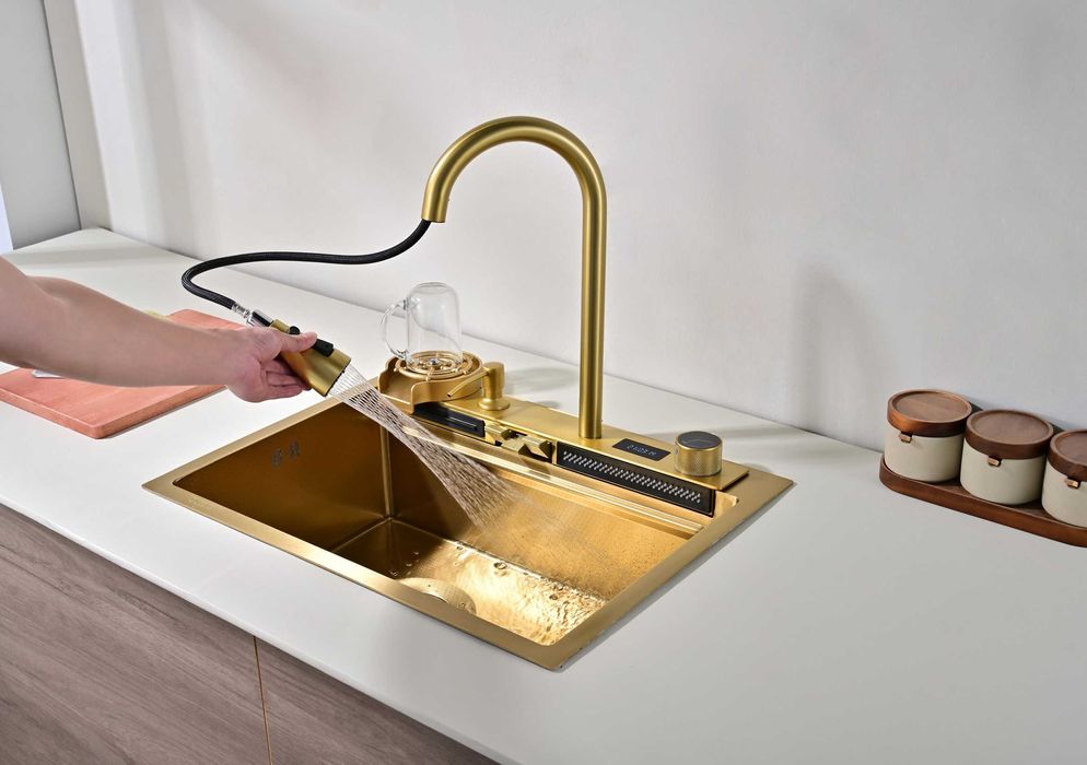 60см Златна мултифункционална кухненска мивка с двоен водопад