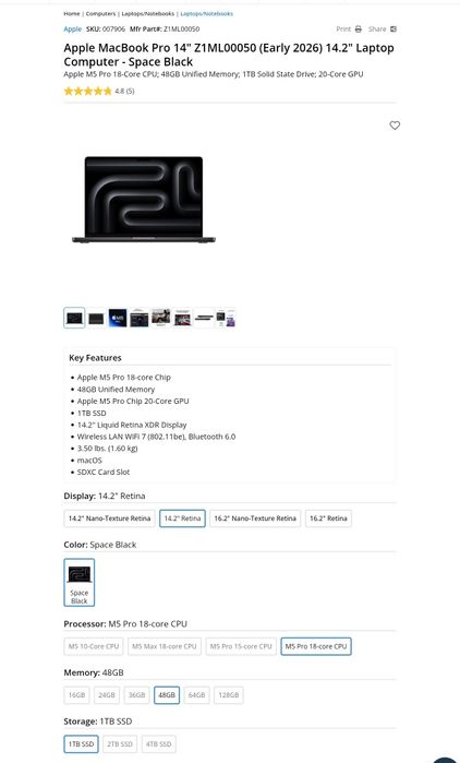 Apple MacBook M5 Pro Z1ML00050 (Early 2026) 14.2" Laptop Computer - Space Black  nou, sigilat adus din US