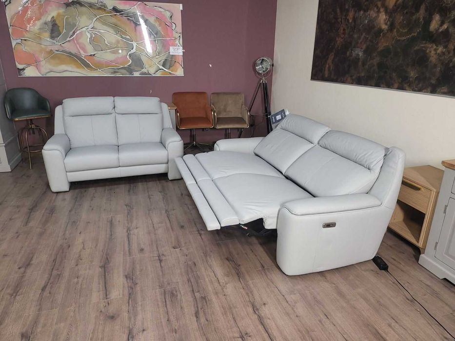 Италиански сив кожен комплект дивани тройка и двойка с ел. релакс