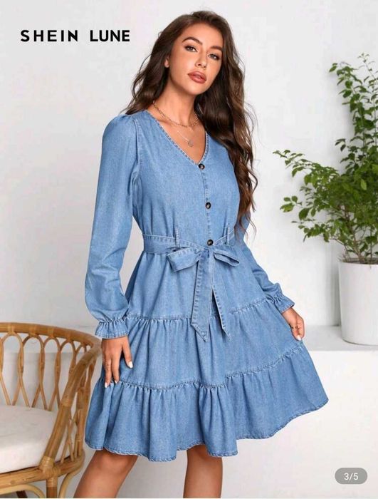 Дамска дънкова рокля с дълъг ръкав