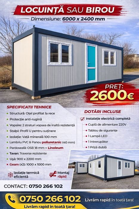 Container locuibil 6m din panou sandwich – birou șantier / casă modula