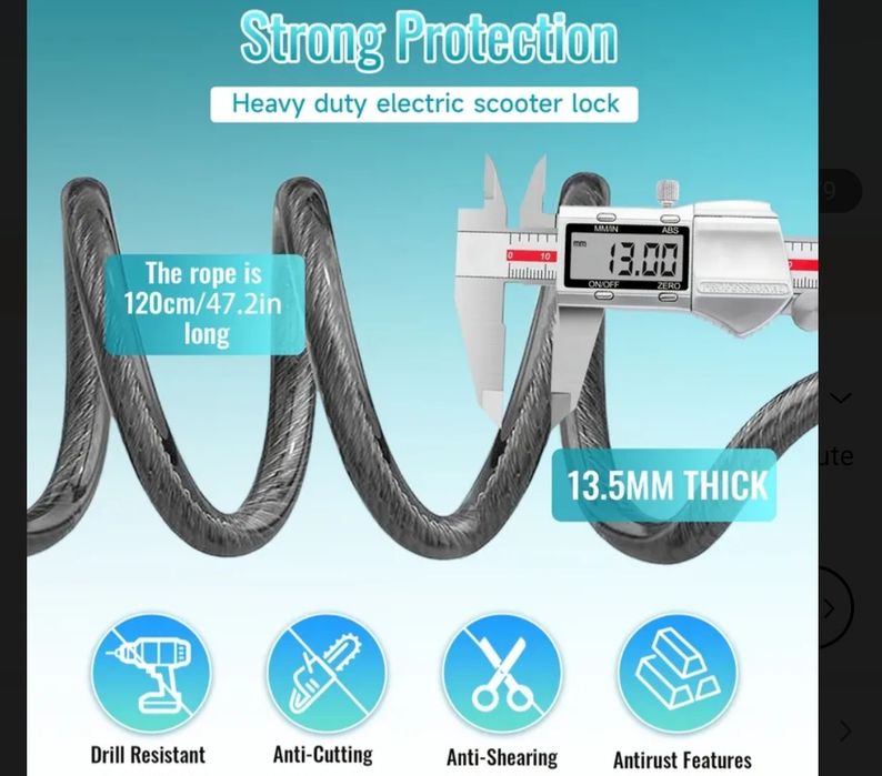 Cablu antifurt pentru trotinetă/bicicletă/Moto - 120 cm, 13 mm, cu cheie