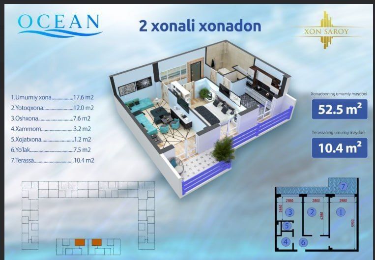 Xonsaroy Saroyning "Ocean" loyihasidan 2 xonali kvartira sotiladi