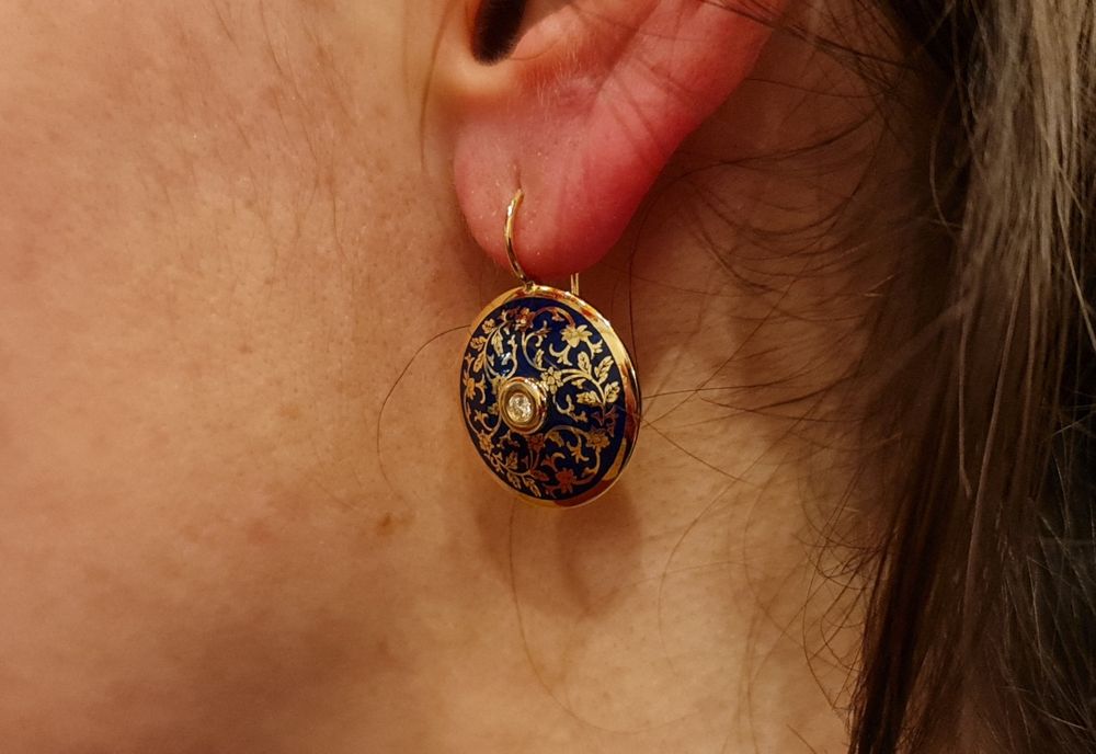 Cercei aur 14k email albastru regal și diamante naturale