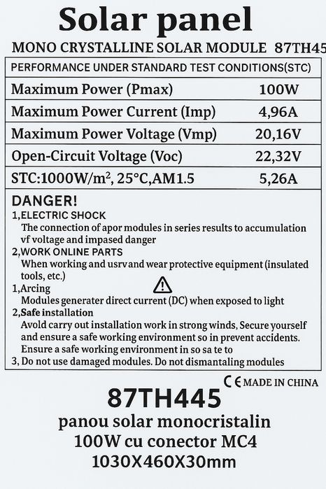 Kit cu panou solar fotovoltaic 12V 100W rulota camper foisor cabana