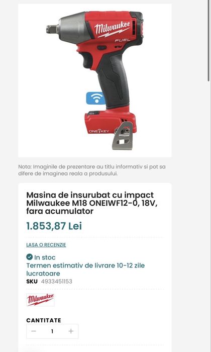 Masina de insurubat cu impact Milwaukee M18 ONEIWF12-0, 18V - Noua