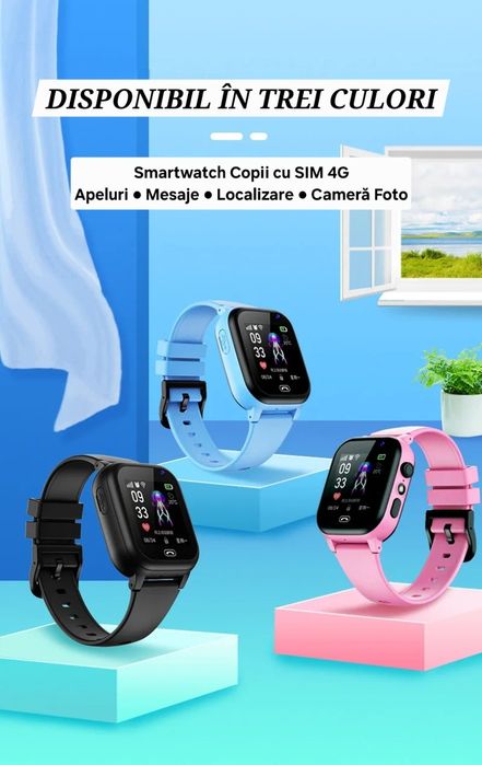 Smartwatch copii. SIM 4G. Localizare GPS. Foto. Apel/Mesaje/Chat.Negru