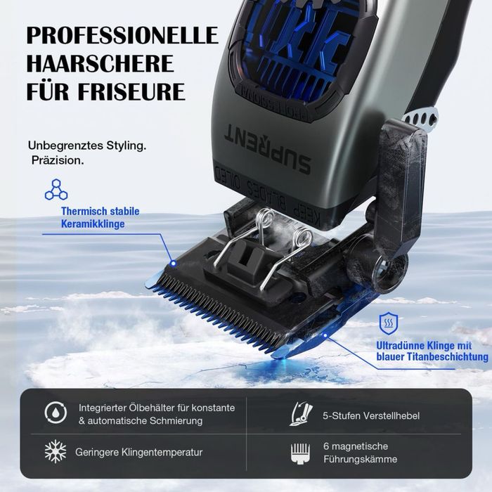 Mașină de tuns profesională fără fir + trimmer – lamă titan, zero‑gap, 5 setări