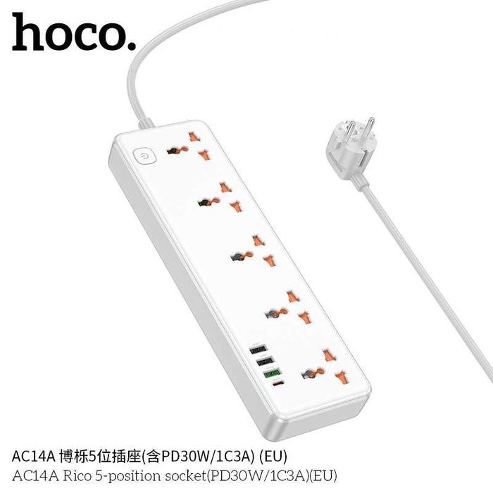 Hoco AC14A Rico Сетевой фильтр 5 розетками и USB-портами PD30W EU/GER