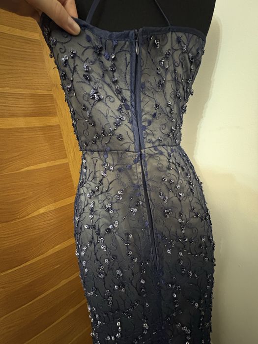 Rochie ocazie, albastru inchis cu gri, cu pietre