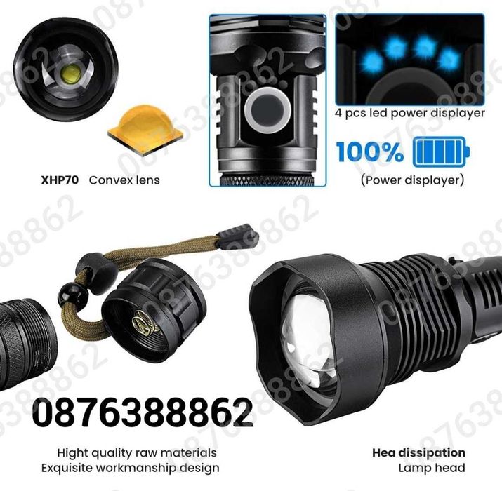 ПРОМО! Мощен Лед фенер 900000W POLICE 24см, Зуум, Водоустойчив