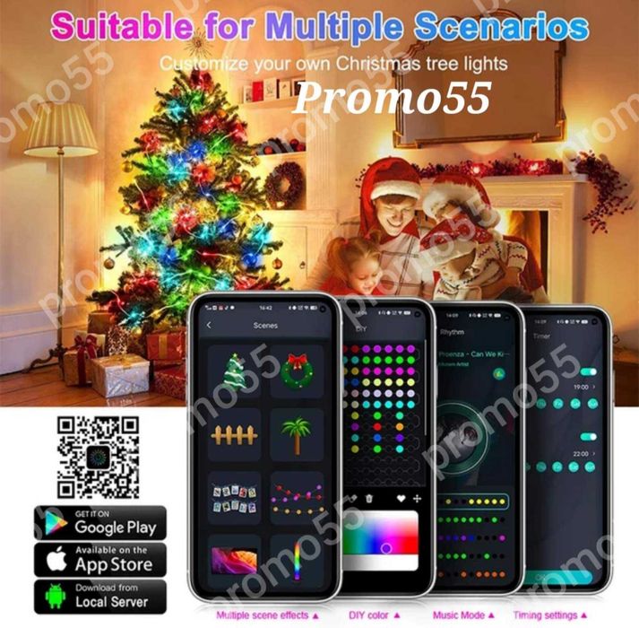 Коледни Лампички за Елха и Декорация 10м. с Дистанционно, Блутут, RGB