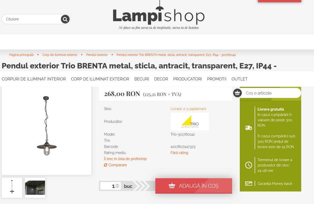 Pendul exterior Trio BRENTA metal, sticla, antracit, transparent, E27