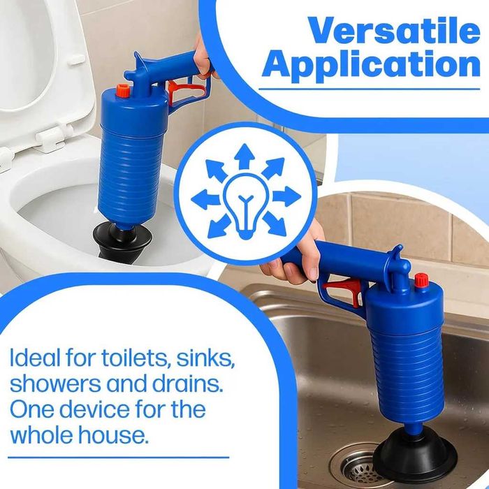 Pistol profesional cu presiune pentru desfundat tevi si WC 4 ventuze