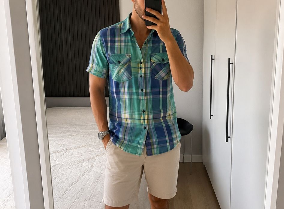 Jack & Jones L cămașă bărbați slim fit carouri verde albastru casual vară 100% bumbac Crafted