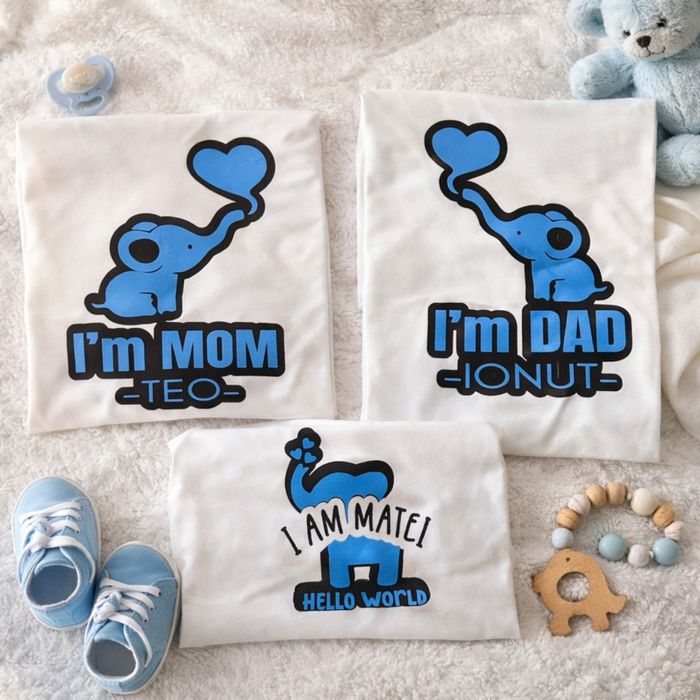 Set tricouri personalizate familie + body bebe - model elefant