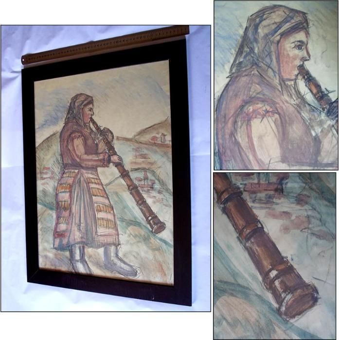 FEMEIE cu tulnic, acuarela si laviu (dimensiuni mari)