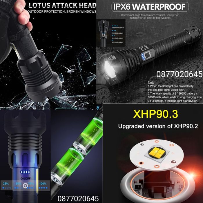 Мощен прожектор XHP90 тактически лед фенер P90 зареждане USB къмпинг