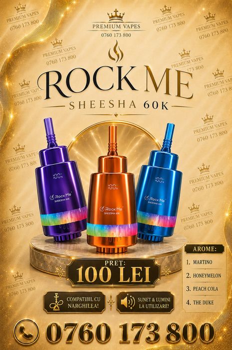 NOU! Mega Vape Rock Me 60k,vape tip țigară electronică cu diferite arome de shisha, sunet+fum+pod,COMPATIBIL cu NARGHILEAU