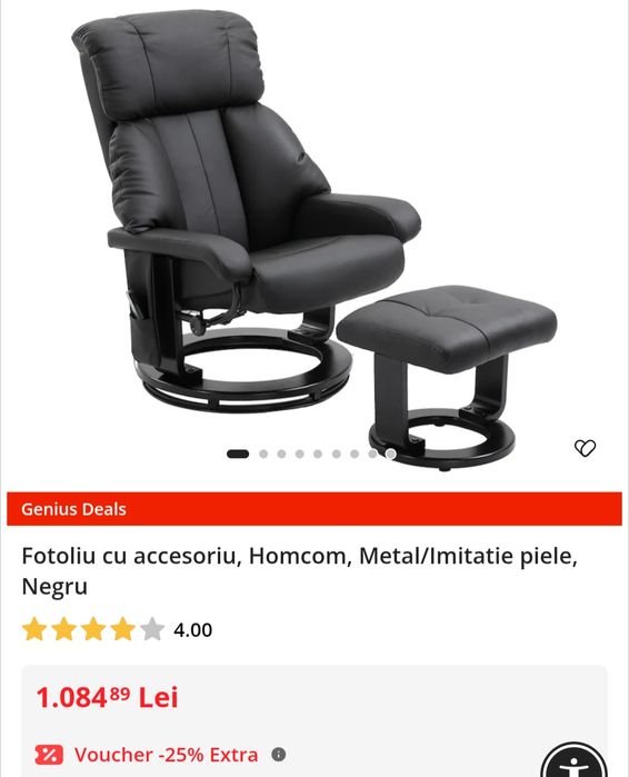 Fotoliu/Scaun de masaj cu taburet, piele ecologică neagră - Stare impecabilă