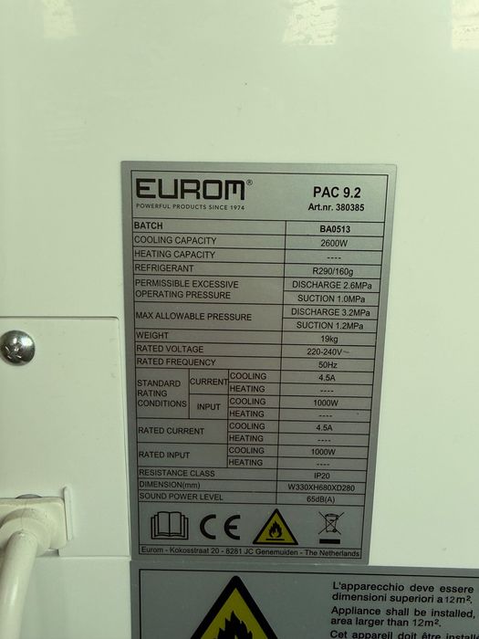 Мобилен климатик Eurom PAC 9.2 – 9000 BTU, в отлично състояние