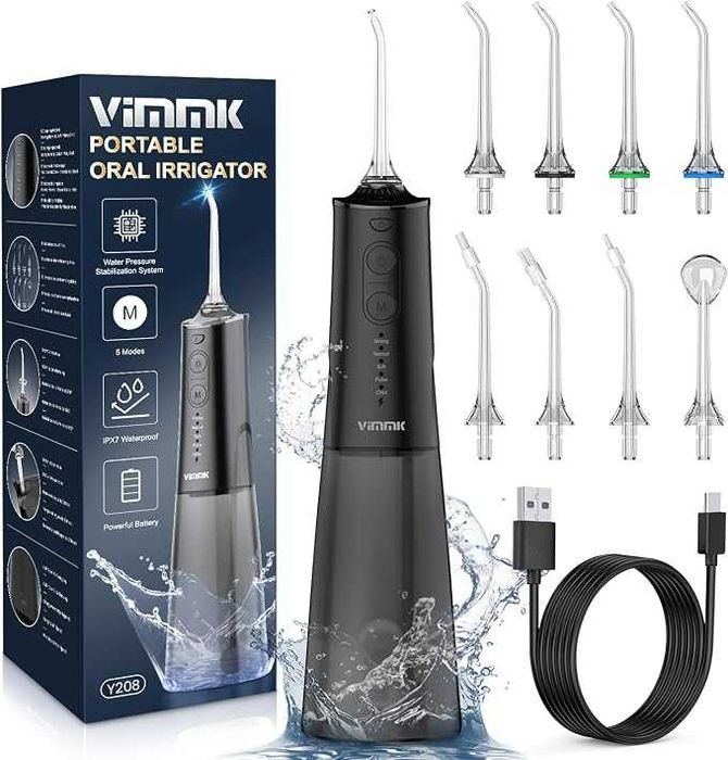 VIMMK Орален иригатор  за зъби с 5 режима на водно налягане и 8 сменяеми накрайника, акумулаторен и водоустойчив IPX7, резервоар 300 мл (БЯЛ)