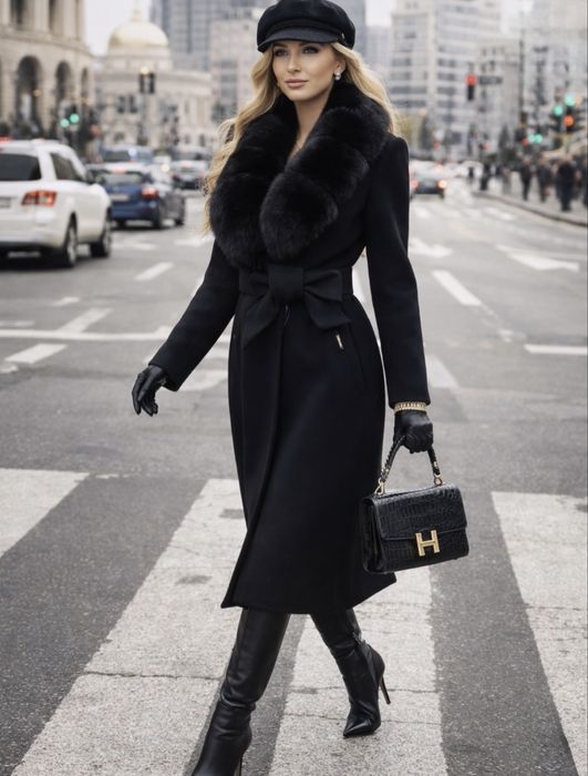 Бутиково  Палто от Кашмир и Вълна с Богата Яка от Лисица, Ново