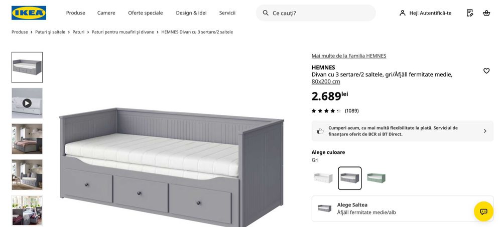 Divan IKEA HEMNES gri, cu 3 sertare și 2 saltele (80x200 cm)