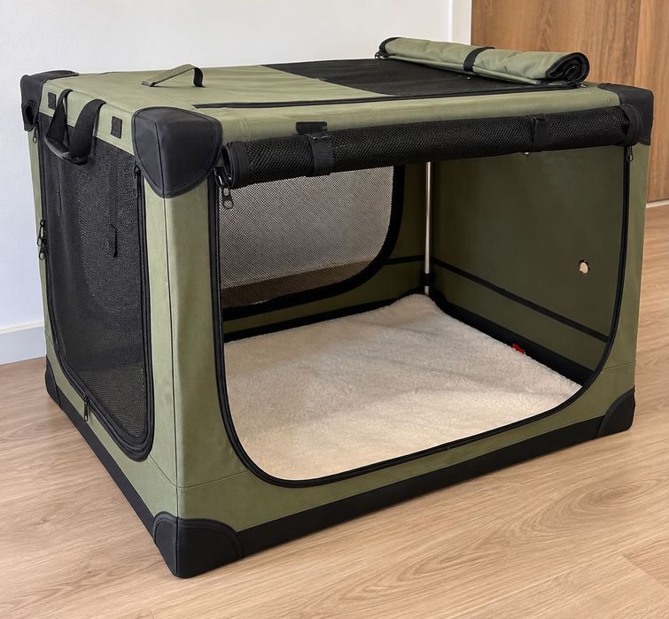 Cusca pliabila pentru caini 90x64x64 cm verde 4 usi transport calatorie