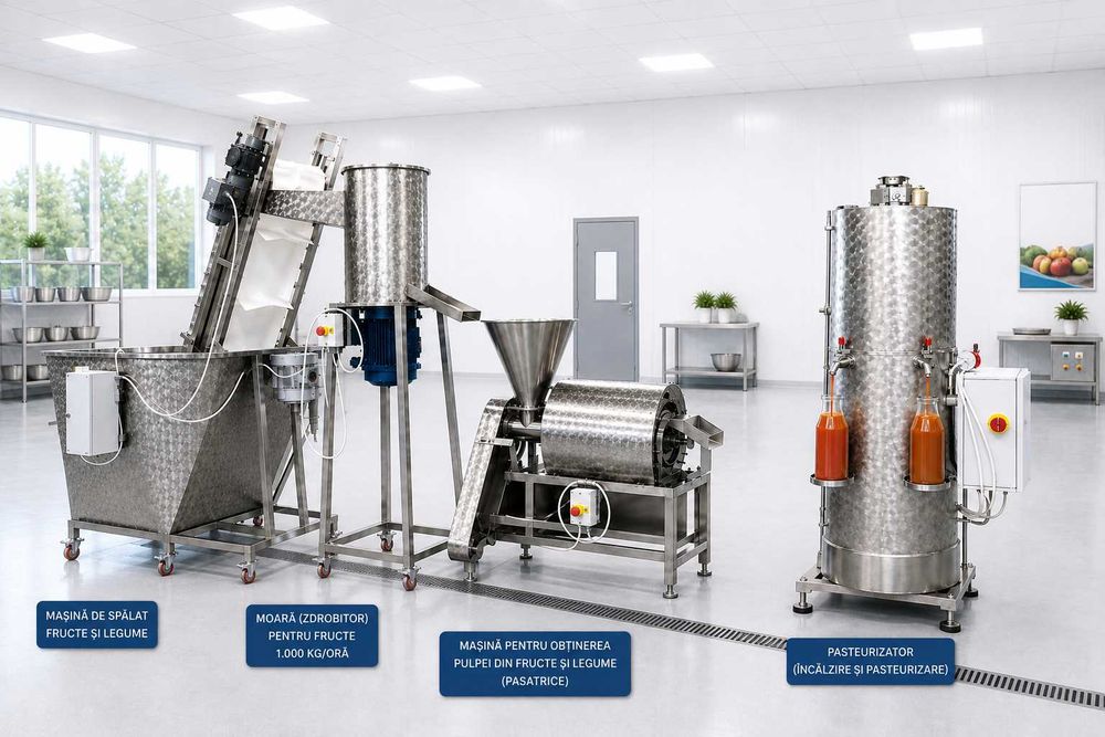Linie productie suc natural din rosii, mere, pere, gutui - spalator, tocator, desamburitor, presa, pasteurizator electric cu umplere in sticle/pungi