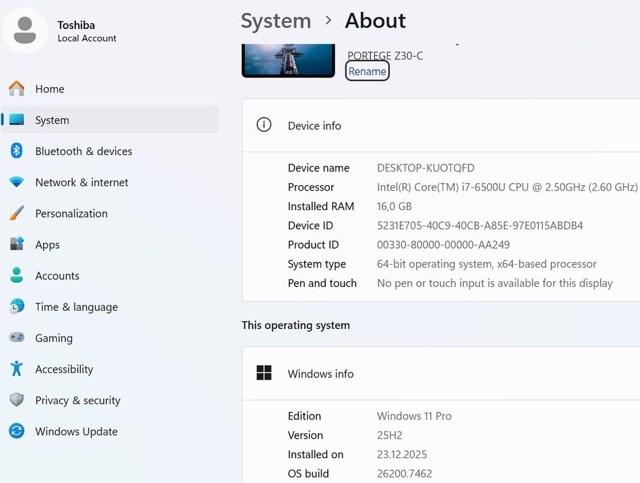 Laptop Toshiba i7 6500u 2,5Ghz/3,1Ghz, 16GB, 256GB, Win11, Office 24