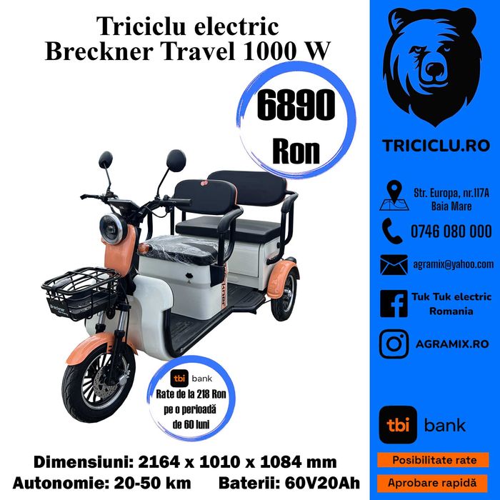 Triciclu TRAVEL BRECKNER electric cu CIV 1000W Agramix NOU fara permis