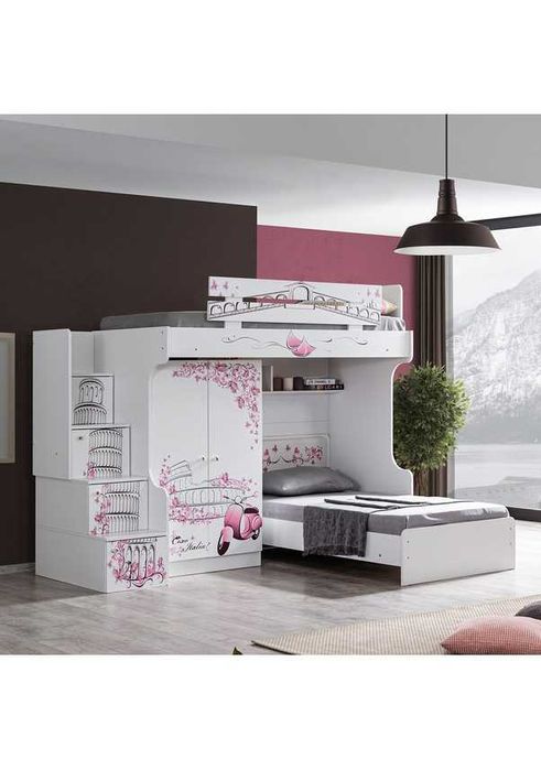 Двуетажно детско легло с гардероб