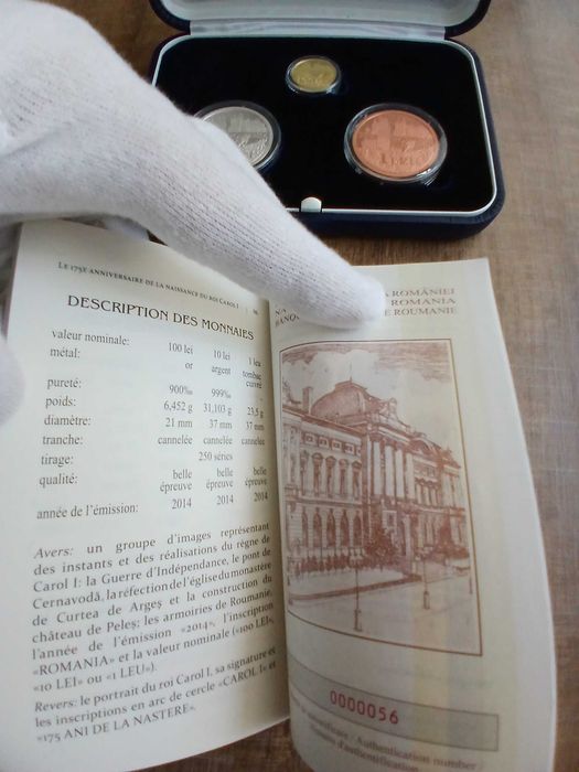 Set BNR 175 ani de la nasterea regelui Carol I , aur, argint, tombac, DOAR 250 exemplare, RAR