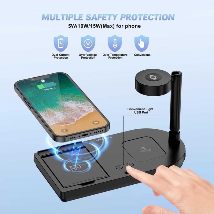 4 в 1 безжична зарядна станция Qi 15W за телефон,Apple Watch и AirPods