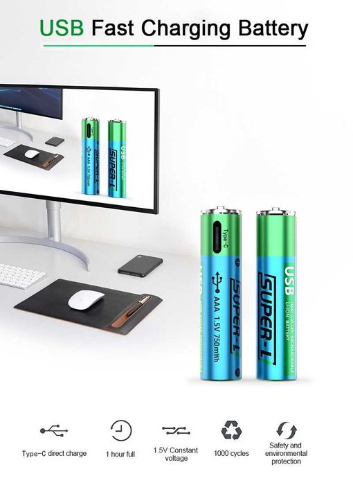2 штук АА Li-ion батарейки 1.5V 2500 mWh USB с USB кабель (Super-L)