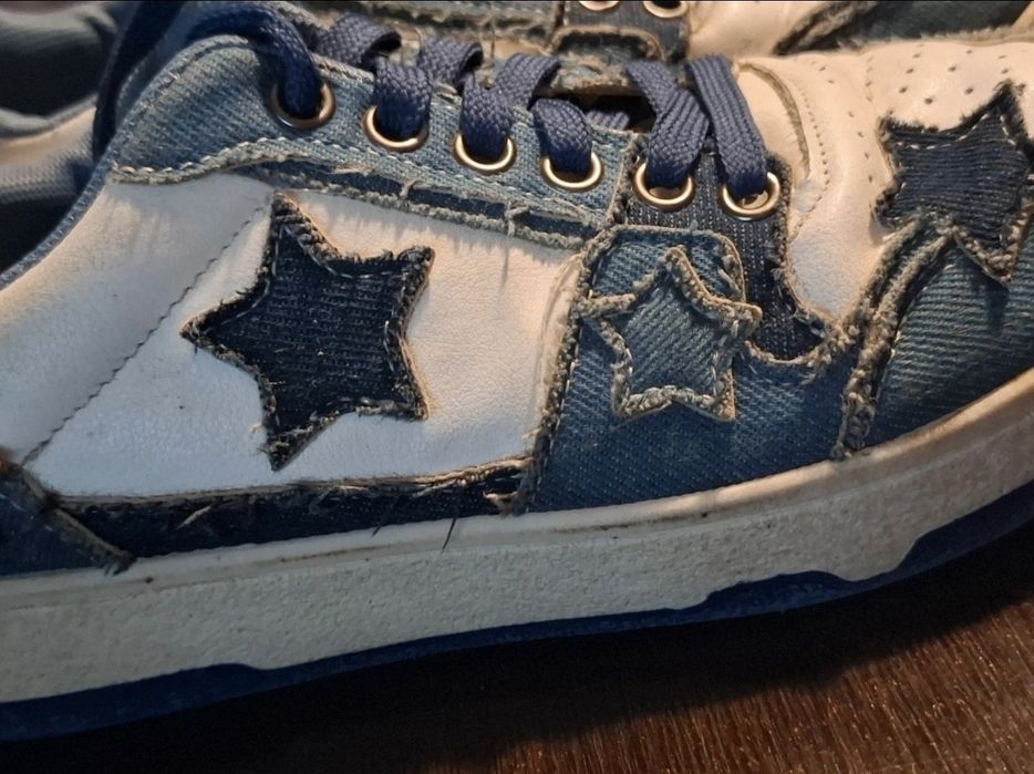 Tenişi Casual "Distressed Star" Design Denim Și Piele, Stil Urban- Măr