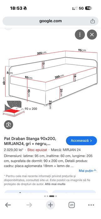 pat draban stanga 90x200, mirjan24, gri + negru, 95x205x60 cm