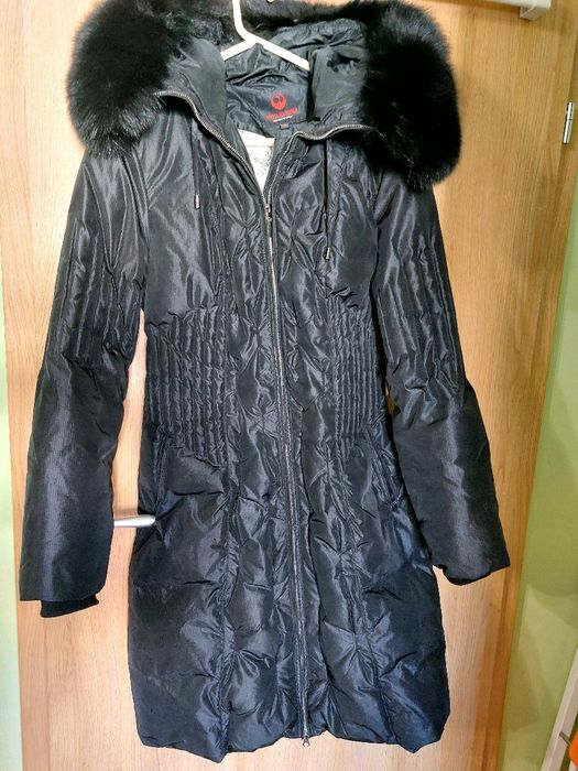 Дамско,дълго яке, с качулка, с естествен  косъм, XL