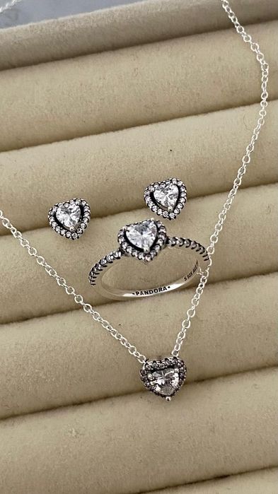 Oferta limitată! Set Complet Argint PANDORA  – Inel mărimea 54, Cercei și Lanț cu Inimă