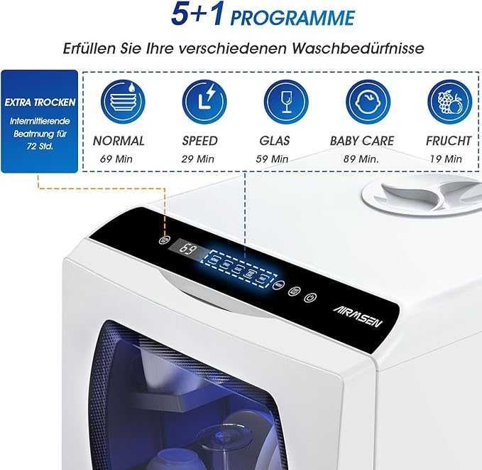 Mașină de spălat vase mini AIRMSEN, mașină de spălat vase de masă cu 5+1 programe