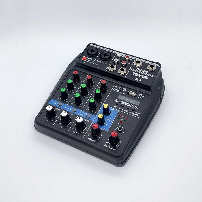TEYUN A4 USB аудио миксер – 4 канала, Bluetooth, 48V Phantom Power