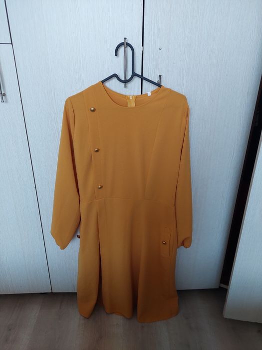 Rochie midi galben muștar, elegantă, mărimea M – office / classy